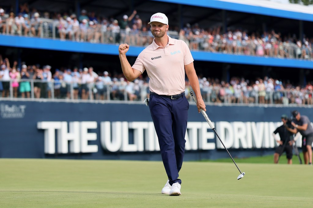 Wyndham Clark celebrates after winning the BMW Championship 2026 at Bellerive Country Club on Sunday, August 23, 2026.