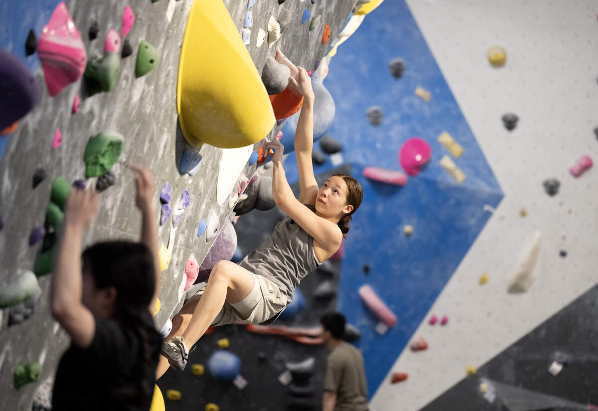 Hazel Pollock boulders at Climb Nittany on Thursday, May 14, 2026.