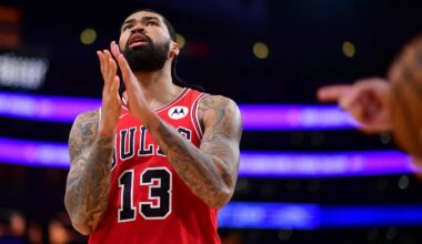 Mar 12, 2026; Los Angeles, California, USA; Chicago Bulls center Nick Richards (13) reacts during the second half at Crypto.com Arena. Mandatory Credit: Gary A. Vasquez-Imagn Images