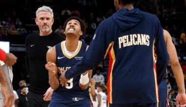 Jan 23, 2026; Memphis, Tennessee, USA; New Orleans Pelicans guard Jordan Poole (3) reacts during a timeout during the second half against the Memphis Grizzlies at FedExForum. Mandatory Credit: Petre Thomas-Imagn Images