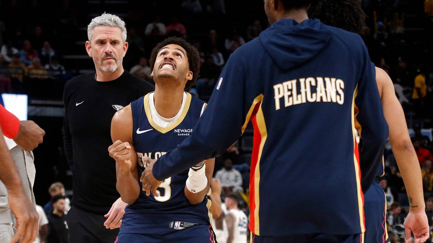 Jan 23, 2026; Memphis, Tennessee, USA; New Orleans Pelicans guard Jordan Poole (3) reacts during a timeout during the second half against the Memphis Grizzlies at FedExForum. Mandatory Credit: Petre Thomas-Imagn Images
