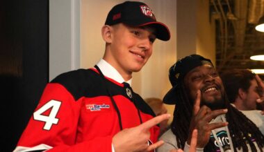 Jun 28, 2024; Las Vegas, Nevada, USA; Former NFL player Marshawn Lynch poses for a photo with New Jersey Devils draft pick Anton Silayev during the 2024 NHL Draft at The Sphere. Mandatory Credit: Joe Camporeale-USA TODAY Sports