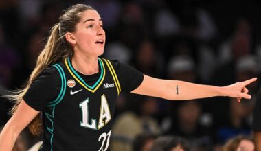 Jul 10, 2026; Los Angeles, California, USA; Los Angeles Sparks guard Kate Martin (21) reacts against the Chicago Sky during the first half at Crypto.com Arena. Mandatory Credit: Jonathan Hui-Imagn Images