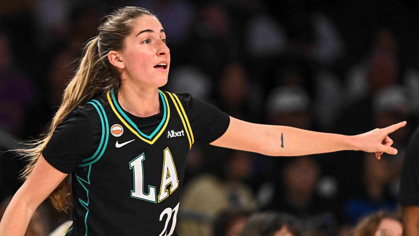 Jul 10, 2026; Los Angeles, California, USA; Los Angeles Sparks guard Kate Martin (21) reacts against the Chicago Sky during the first half at Crypto.com Arena. Mandatory Credit: Jonathan Hui-Imagn Images
