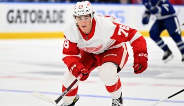 Detroit Red Wings forward Amadeus Lombardi (78) pursues the play against the Toronto Maple Leafs in the third period at Scotiabank Arena. Mandatory Credit: Dan Hamilton-USA TODAY Sports