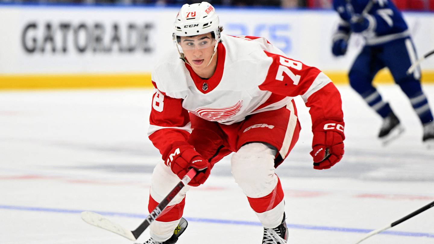 Detroit Red Wings forward Amadeus Lombardi (78) pursues the play against the Toronto Maple Leafs in the third period at Scotiabank Arena. Mandatory Credit: Dan Hamilton-USA TODAY Sports