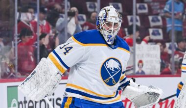 May 16, 2026; Montreal, Quebec, CAN; Buffalo Sabres goalie Alex Lyon (34) looks on during warm-up before the game against the Montreal Canadiens in game six of the second round of the 2026 Stanley Cup Playoffs at Bell Centre. Mandatory Credit: David Kirouac-Imagn Images