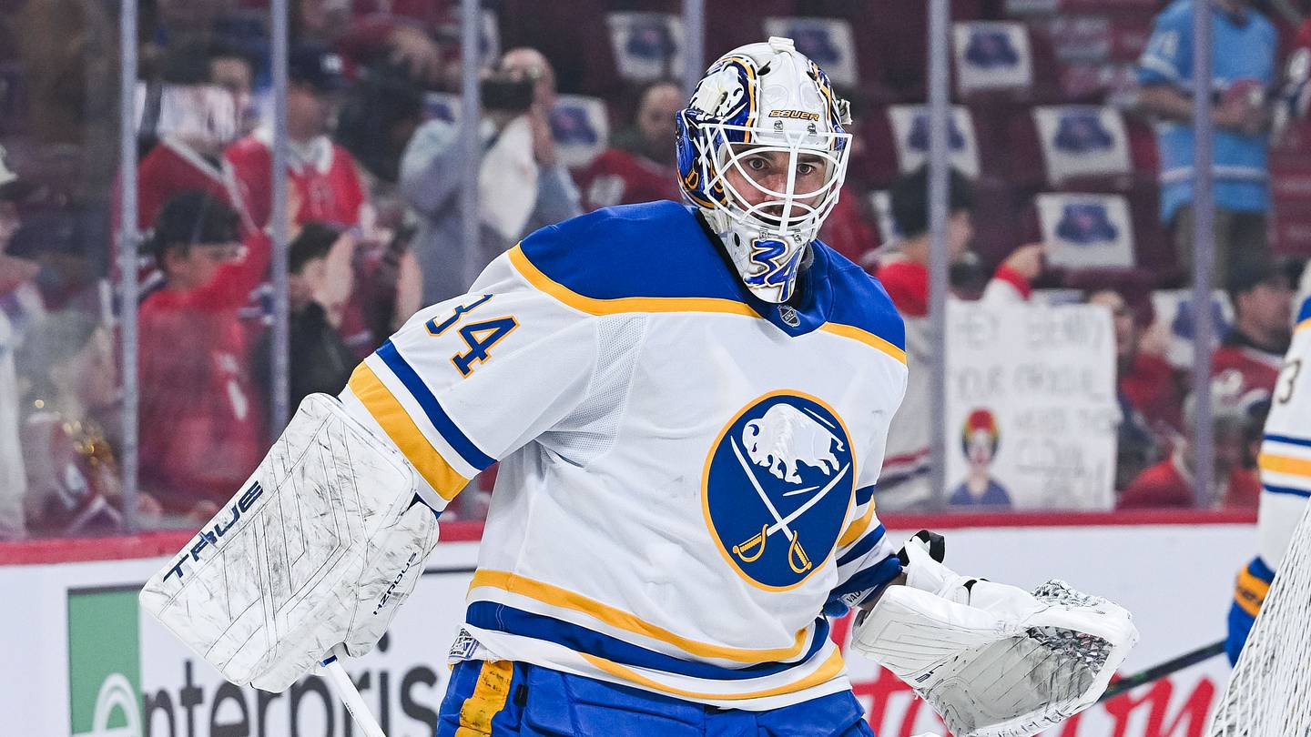 May 16, 2026; Montreal, Quebec, CAN; Buffalo Sabres goalie Alex Lyon (34) looks on during warm-up before the game against the Montreal Canadiens in game six of the second round of the 2026 Stanley Cup Playoffs at Bell Centre. Mandatory Credit: David Kirouac-Imagn Images