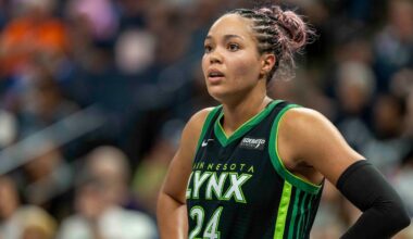 Sep 14, 2025; Minneapolis, Minnesota, USA; Minnesota Lynx forward Napheesa Collier (24) looks on against the Golden State Valkyries in the second half during game one of round one for the 2025 WNBA Playoffs at Target Center. Mandatory Credit: Jesse Johnson-Imagn Images