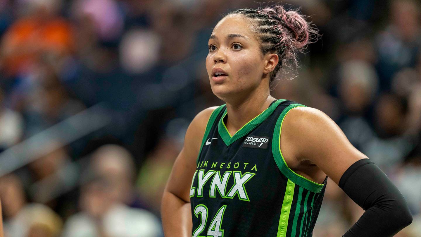 Sep 14, 2025; Minneapolis, Minnesota, USA; Minnesota Lynx forward Napheesa Collier (24) looks on against the Golden State Valkyries in the second half during game one of round one for the 2025 WNBA Playoffs at Target Center. Mandatory Credit: Jesse Johnson-Imagn Images