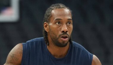 Apr 5, 2026; Sacramento, California, USA; LA Clippers forward Kawhi Leonard (2) warms up before the game against the Sacramento Kings at Golden 1 Center. Mandatory Credit: Darren Yamashita-Imagn Images