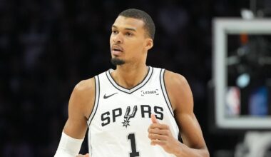 May 15, 2026; Minneapolis, Minnesota, USA; San Antonio Spurs forward Victor Wembanyama (1) looks on again the Minnesota Timberwolves in the first half during game six of the second round of the 2026 NBA Playoffs at Target Center. Mandatory Credit: Jesse Johnson-Imagn Images