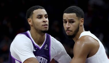 Dec 20, 2025; Sacramento, California, USA; Portland Trail Blazers forward Kris Murray (right) defends his twin brother Sacramento Kings forward Keegan Murray (left) during the fourth quarter at Golden 1 Center. Mandatory Credit: Dennis Lee-Imagn Images