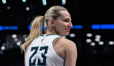 Brooklyn, New York, USA; New York Liberty guard Marine Johannes (23) reacts during the second half against the Los Angeles Sparks at Barclays Center on July 26, 2025.