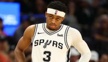 Nov 2, 2023; Phoenix, Arizona, USA; San Antonio Spurs forward Keldon Johnson (3) against the Phoenix Suns at Footprint Center. Mandatory Credit: Mark J. Rebilas-USA TODAY Sports