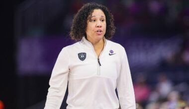 Mar 6, 2026; Duluth, GA, USA; Duke Blue Devils head coach Kara Lawson on the sideline against the Clemson Tigers in the third quarter at Gas South Arena. Mandatory Credit: Brett Davis-Imagn Images