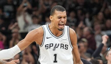 May 24, 2026; San Antonio, Texas, USA; San Antonio Spurs center Victor Wembanyama (1) reacts in the first quarter against the Oklahoma City Thunder during game four of the western conference finals for the 2026 NBA playoffs at Frost Bank Center. Mandatory Credit: Daniel Dunn-Imagn Images