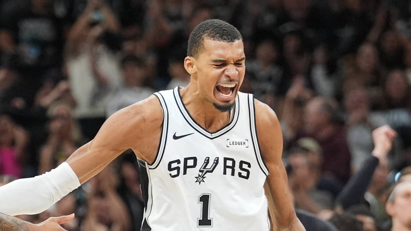 May 24, 2026; San Antonio, Texas, USA; San Antonio Spurs center Victor Wembanyama (1) reacts in the first quarter against the Oklahoma City Thunder during game four of the western conference finals for the 2026 NBA playoffs at Frost Bank Center. Mandatory Credit: Daniel Dunn-Imagn Images