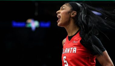May 9, 2026; Minneapolis, Minnesota, USA; Atlanta Dream forward Angel Reese (5) celebrates a basket against the Minnesota Lynx during the first half at Target Center. Mandatory Credit: Matt Krohn-Imagn Images