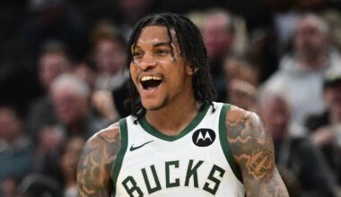Milwaukee Bucks guard Kevin Porter (7) reacts after leading the  Bucks to a win over the Miami Heat at Fiserv Forum on February 24, 2026.