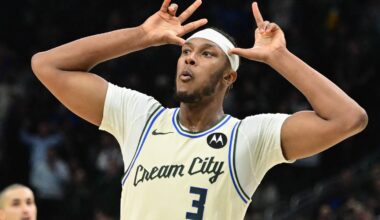 Nov 20, 2025; Milwaukee, Wisconsin, USA; Milwaukee Bucks center Myles Turner (3) reacts after scoring a basket in the 4th quarter against the Philadelphia 76ers at Fiserv Forum. Mandatory Credit: Benny Sieu-Imagn Images