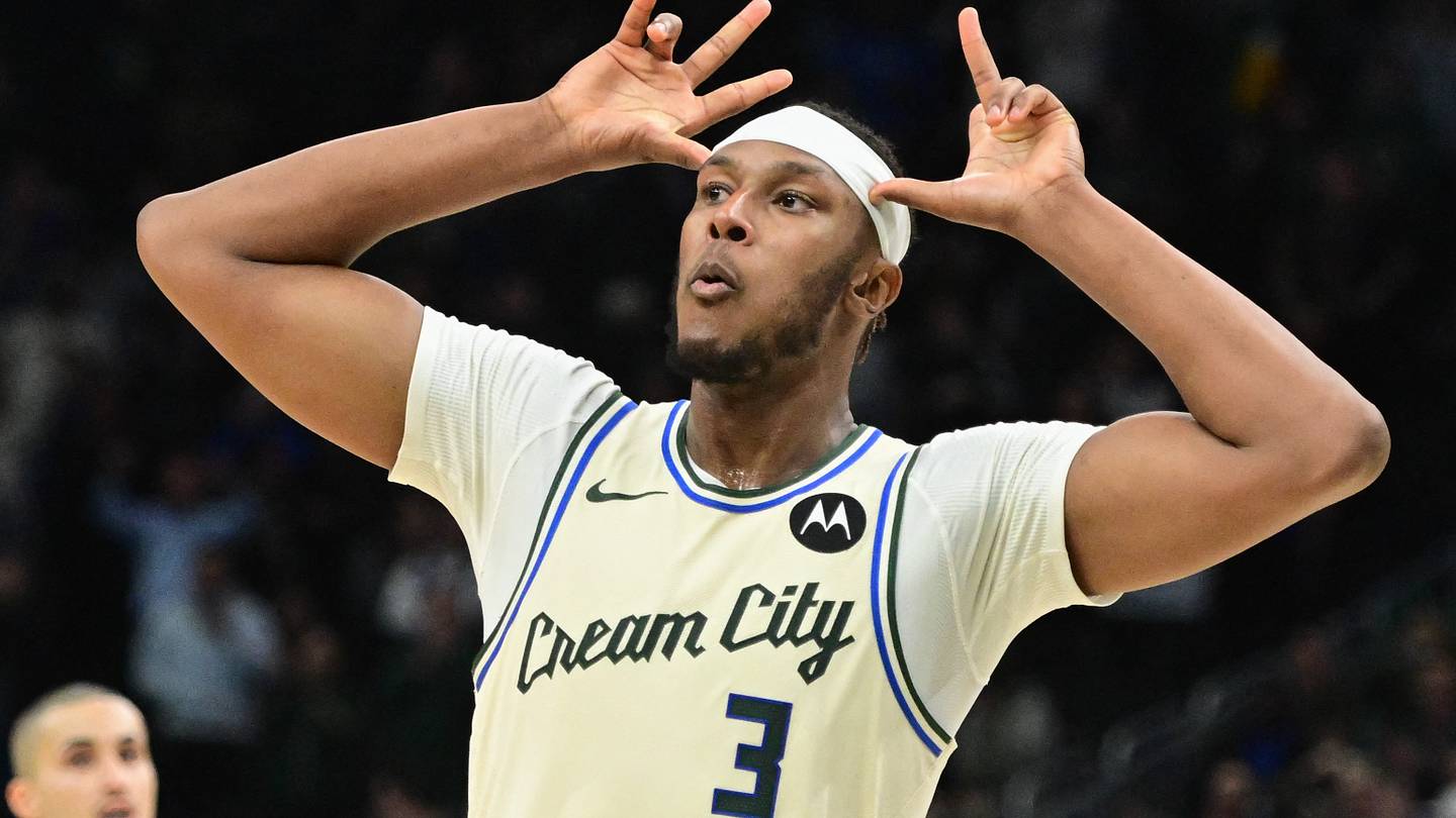 Nov 20, 2025; Milwaukee, Wisconsin, USA; Milwaukee Bucks center Myles Turner (3) reacts after scoring a basket in the 4th quarter against the Philadelphia 76ers at Fiserv Forum. Mandatory Credit: Benny Sieu-Imagn Images