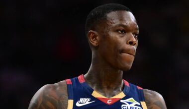 May 9, 2026; Cleveland, Ohio, USA; Cleveland Cavaliers guard Dennis Schroder (8) celebrates after hitting a three point basket against the Detroit Pistons during the second half of game three in the second round of the 2026 NBA Playoffs at Rocket Arena. Mandatory Credit: Ken Blaze-Imagn Images