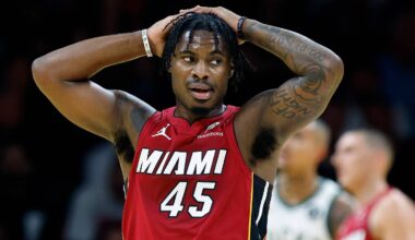 Miami Heat guard Davion Mitchell (45) stands on the court (Mandatory Credit: Rhona Wise-Imagn Images)