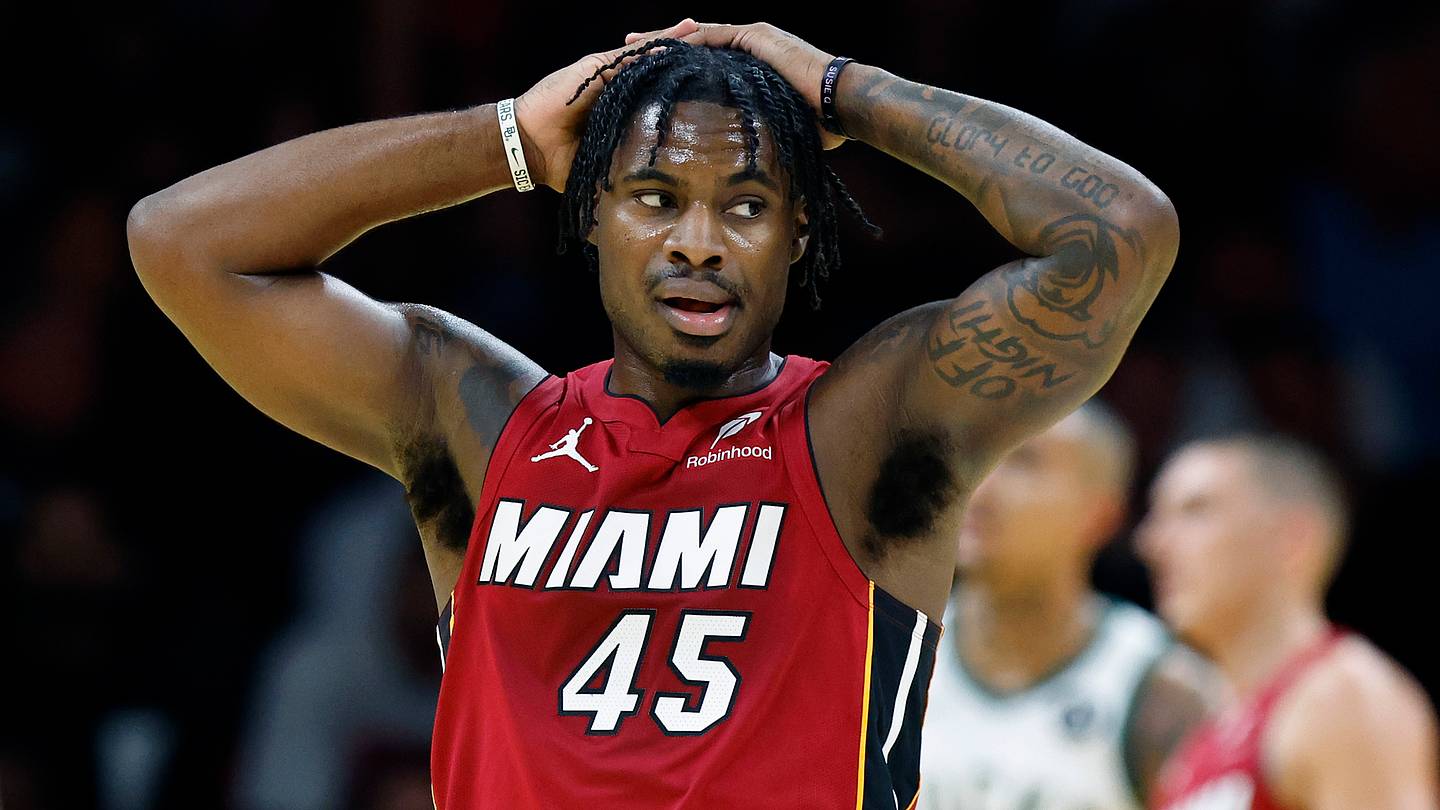 Miami Heat guard Davion Mitchell (45) stands on the court (Mandatory Credit: Rhona Wise-Imagn Images)