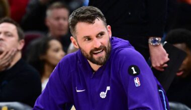 Jan 12, 2026; Cleveland, Ohio, USA; Utah Jazz forward Kevin Love (42) reacts against the Cleveland Cavaliers during the second half at Rocket Arena. Mandatory Credit: Ken Blaze-Imagn Images