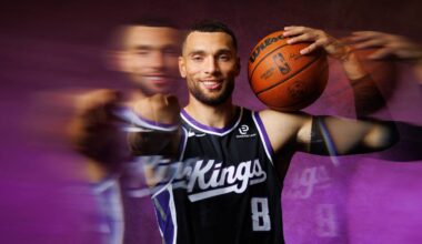 Sep 29, 2025; Sacramento, CA, USA; Sacramento Kings guard Zach LaVine (8) during media day at Golden 1 Center. Mandatory Credit: Sergio Estrada-Imagn Images