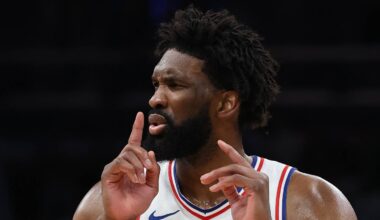 May 2, 2026; Boston, Massachusetts, USA; Philadelphia 76ers center Joel Embiid (21) quiets the crowd after making a basket against the Boston Celtics in game seven of the first round of the 2026 NBA Playoffs at TD Garden. Mandatory Credit: Winslow Townson-Imagn Images