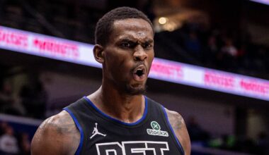 Detroit Pistons center Jalen Duren (0) reacts to a play against the New Orleans Pelicans during the second half at Smoothie King Center on January 21, 2026.