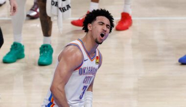 May 26, 2026; Oklahoma City, Oklahoma, USA; Oklahoma City Thunder guard Jared McCain (3) reacts after a play during the fourth quarter against the San Antonio Spurs in game five of the western conference finals for the 2026 NBA playoffs at Paycom Center. Mandatory Credit: Alonzo Adams-Imagn Images