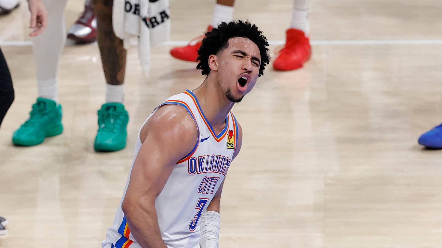 May 26, 2026; Oklahoma City, Oklahoma, USA; Oklahoma City Thunder guard Jared McCain (3) reacts after a play during the fourth quarter against the San Antonio Spurs in game five of the western conference finals for the 2026 NBA playoffs at Paycom Center. Mandatory Credit: Alonzo Adams-Imagn Images