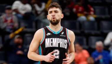 Mar 18, 2026; Memphis, Tennessee, USA; Memphis Grizzlies guard Ty Jerome (2) reacts after a basket during the first quarter against the Denver Nuggets at FedExForum. Mandatory Credit: Petre Thomas-Imagn Images