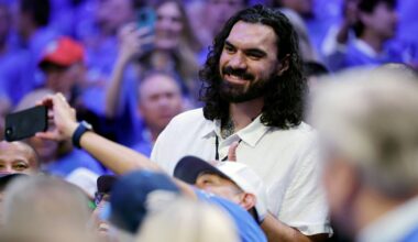 May 30, 2026; Oklahoma City, Oklahoma, USA; Former NBA player Steven Adams looks on in the second half between the Oklahoma City Thunder and the San Antonio Spurs during game seven of the western conference finals for the 2026 NBA playoffs at Paycom Center. Mandatory Credit: Alonzo Adams-Imagn Images