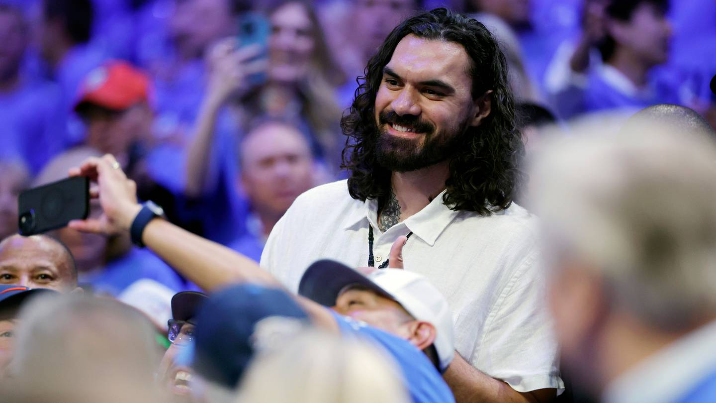 May 30, 2026; Oklahoma City, Oklahoma, USA; Former NBA player Steven Adams looks on in the second half between the Oklahoma City Thunder and the San Antonio Spurs during game seven of the western conference finals for the 2026 NBA playoffs at Paycom Center. Mandatory Credit: Alonzo Adams-Imagn Images