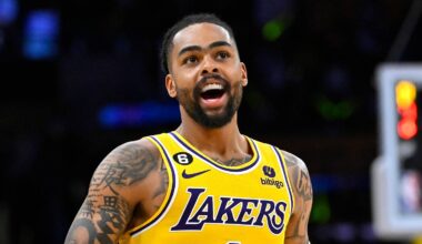 Los Angeles Lakers guard D'Angelo Russell (1) celebrates after a 3-point basket in the second half of game six of the 2023 NBA playoffs against the Memphis Grizzlies at Crypto.com Arena on April 28, 2023.