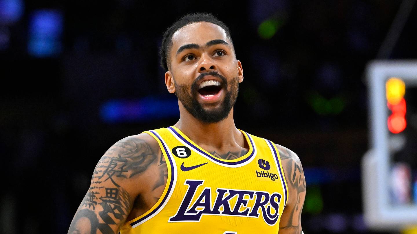 Los Angeles Lakers guard D'Angelo Russell (1) celebrates after a 3-point basket in the second half of game six of the 2023 NBA playoffs against the Memphis Grizzlies at Crypto.com Arena on April 28, 2023.