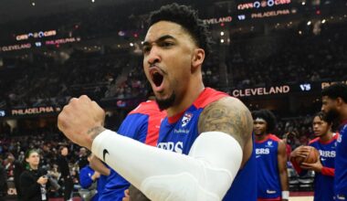 Dec 21, 2024; Cleveland, Ohio, USA; Philadelphia 76ers forward KJ Martin (1) reacts during introductions before the game between the Cleveland Cavaliers and the 76ers at Rocket Mortgage FieldHouse.