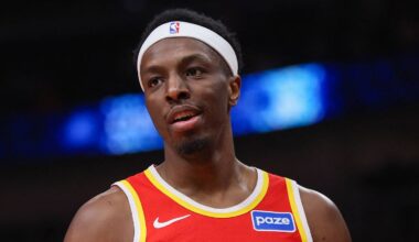 Atlanta Hawks center Onyeka Okongwu (17) reacts against the New York Knicks at State Farm Arena on December 27, 2025.