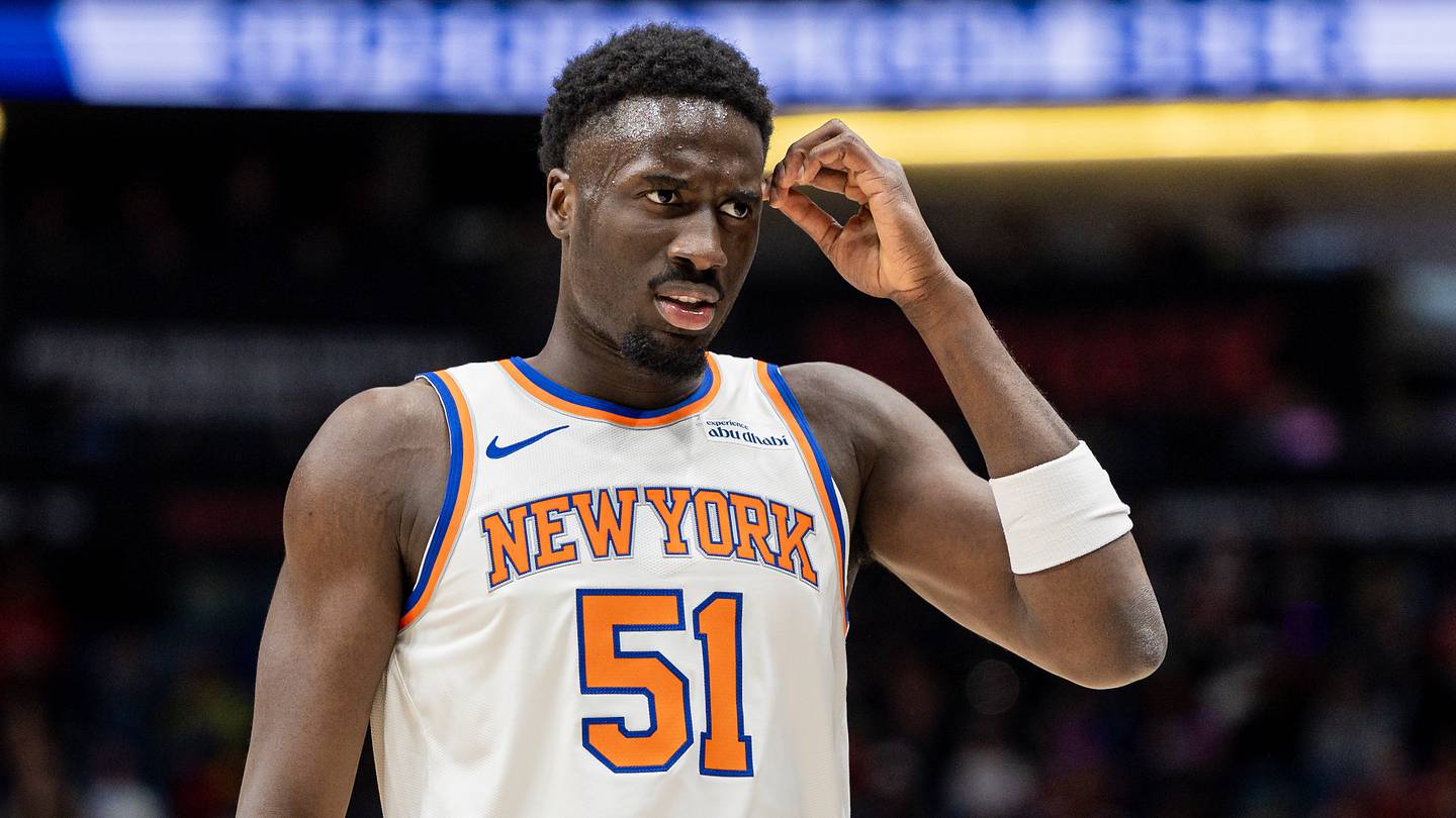 Dec 29, 2025; New Orleans, Louisiana, USA;  New York Knicks forward Mohamed Diawara (51) looks on against the New Orleans Pelicans during the first half at Smoothie King Center. Mandatory Credit: Stephen Lew-Imagn Images