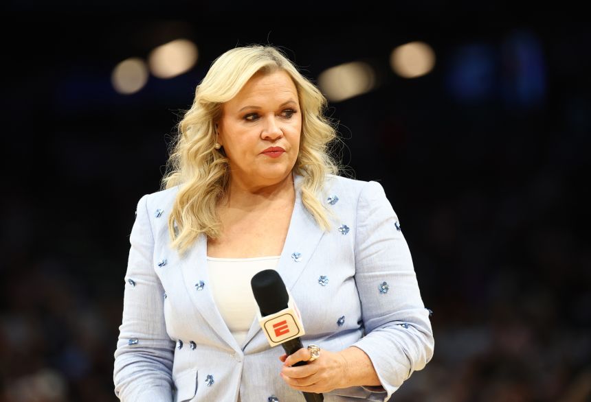ESPN reporter Holly Rowe, pictured during a women's 2026 NCAA tournament game in April.