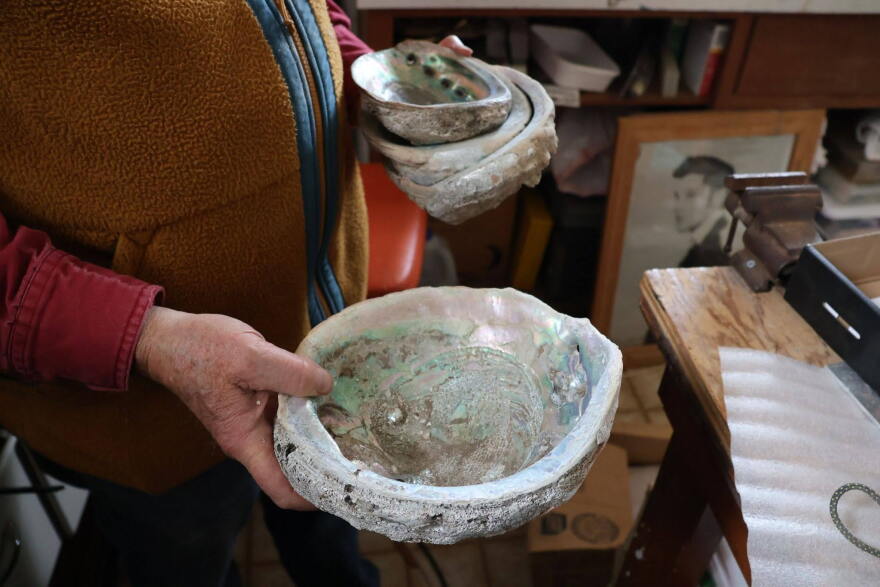 Hursey holds California abalone shells, which are much bigger than the native Alaska shells he used to catch. Aug 20, 2026
