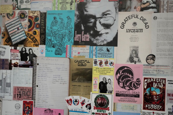 Artwork showing The Grateful Dead is displayed at a shop at the Forever Grateful exhibit. (AP Photo/Jeff Chiu)
