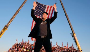 Tesla and SpaceX CEO Elon Musk walks to the stage to speak alongside Republican presidential nominee former President Donald Trump at a campaign event at the Butler Farm Show, Saturday, Oct. 5, 2024, in Butler, Pa.
