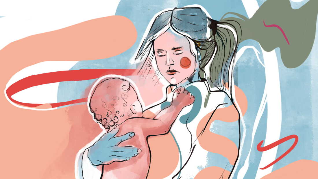 A drawing of a mother embracing her baby with swirls of color in the background.