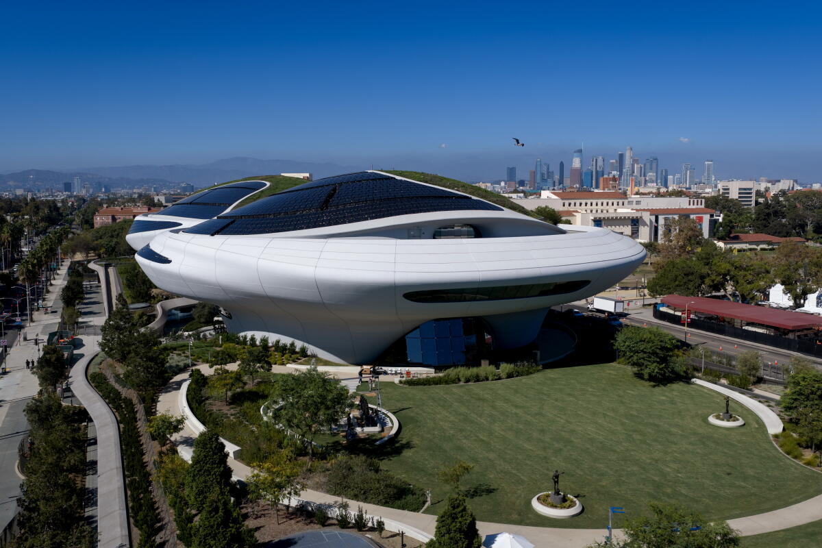 A drone view of the spaceship-like Lucas Museum of Narrative Art.