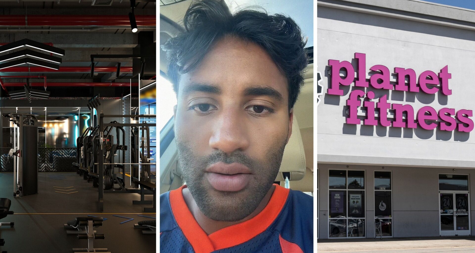gym interior (l) man shares gym features (c) Planet fitness entrance (r)